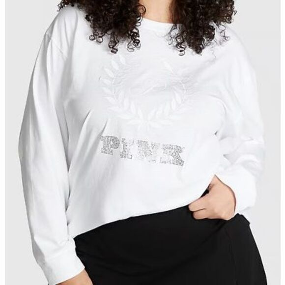 PINK Victoria’s Secret Womens White Oversized Long Sleeve Campus T-Shirt Size XL - Picture 1 of 9